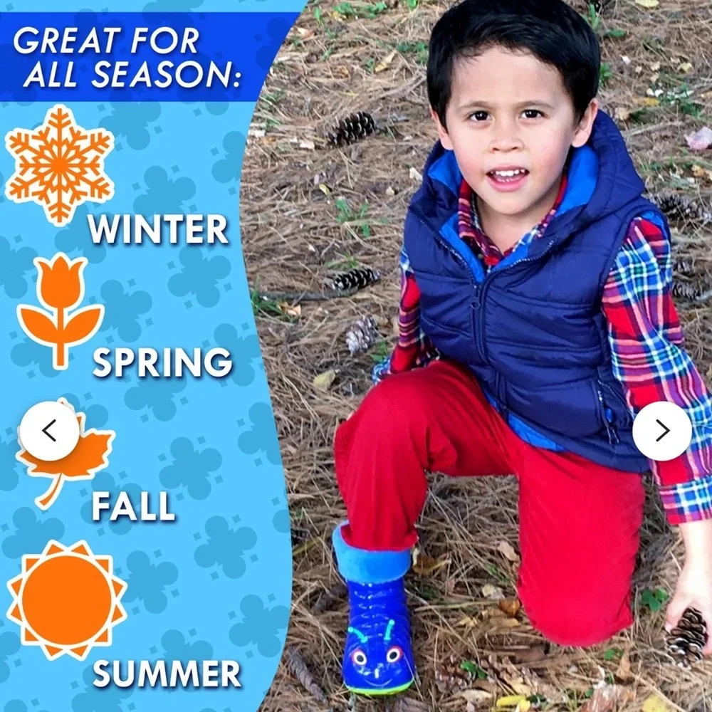 BEASTIE Little Kids Blue/Green Caterpillar Fleece Lined Rain/Snow Boots
